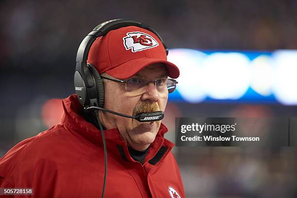 Playoffs: Closeup of Kansas City Chiefs coach Andy Reid during game vs New England Patriots at Gillette Stadium. Foxborough, MA 1/16/2016 CREDIT:...