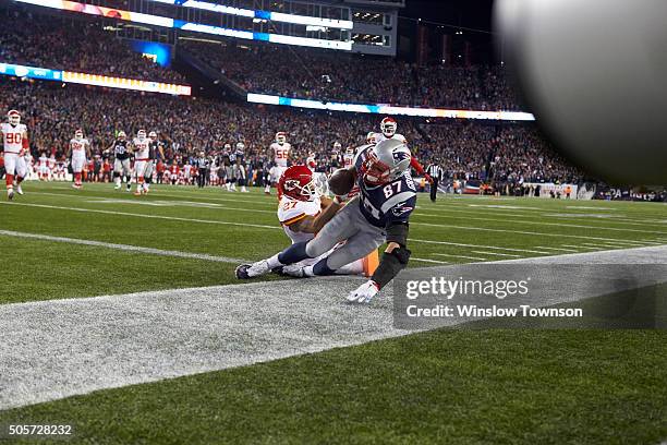 Playoffs: New England Patriots Rob Gronkowski in action, scoring touchdown vs Kansas City Chiefs Tyvon Branch at Gillette Stadium. Sequence....