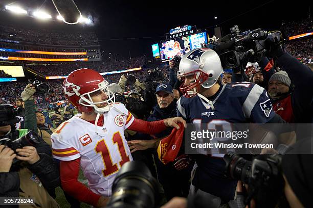 Playoffs: New England Patriots QB Tom Brady with Kansas City Chiefs QB Alex Smith after game at Gillette Stadium. Foxborough, MA 1/16/2016 CREDIT:...