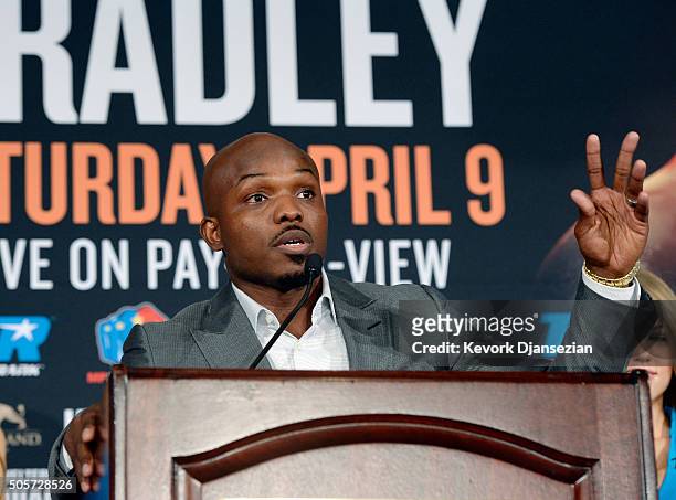 Timothy Bradley smiles during a news conference where he announce his upcoming world welterweight championship bout against Manny Pacquiao at the...