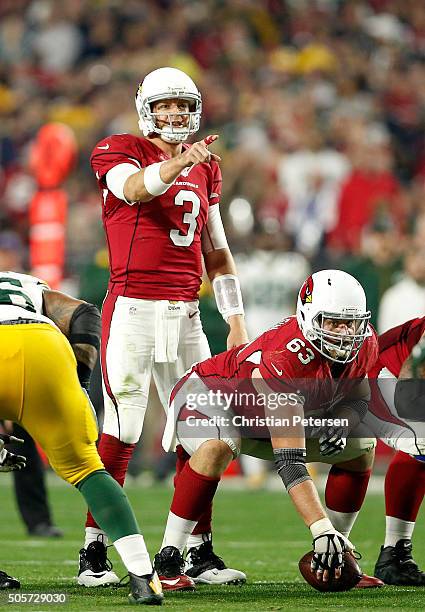 Quarterback Carson Palmer of the Arizona Cardinals points from under center as he waits for the snap from center Lyle Sendlein against the Green Bay...