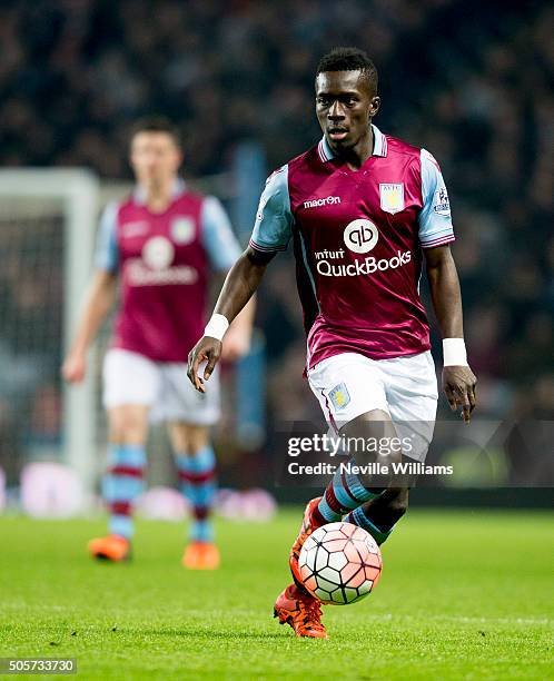 Idrissa Gana of Aston Villa during the FA Cup Third Round Relay match between Aston Villa and Wycombe Wanderers at Villa Park on January 19, 2016 in...