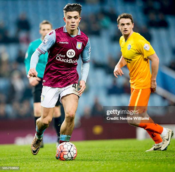 Jack Grealish of Aston Villa during the FA Cup Third Round Relay match between Aston Villa and Wycombe Wanderers at Villa Park on January 19, 2016 in...