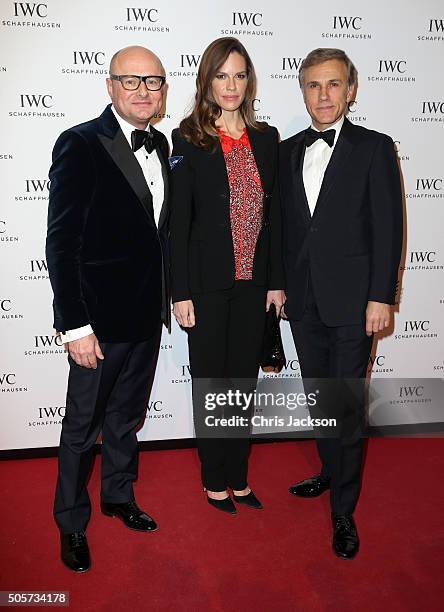 Schaffhausen CEO Georges Kern, Hilary Swank and Christoph Waltz attend the IWC "Come Fly with us" Gala Dinner during the launch of the Pilot's...