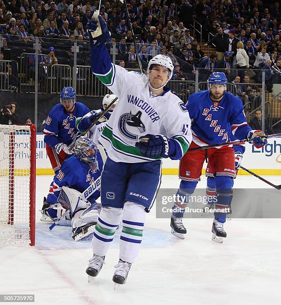 Sven Baertschi of the Vancouver Canucks celebrates his goal at 9:02 of the first period against the New York Rangers at Madison Square Garden on...