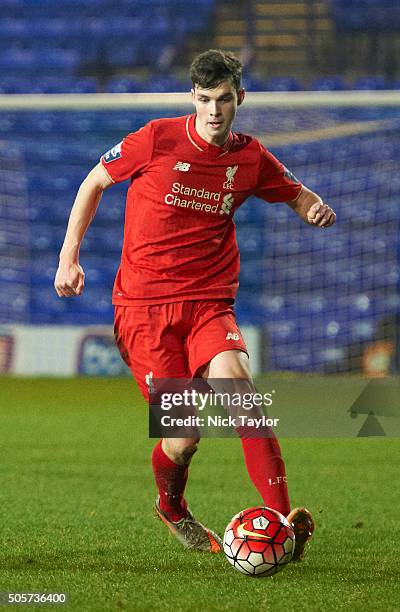 Sam Hart of Liverpool in action during the Liverpool v Leeds United U21 Premier League Cup game at Prenton Park on January 19, 2016 in Birkenhead,...