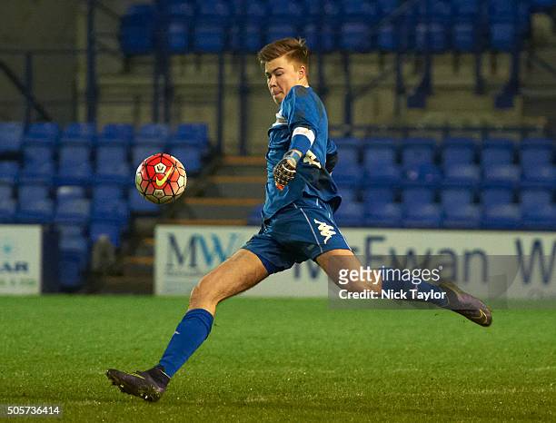 Bailey Peacock-Farrell of Leeds United in action during the Liverpool v Leeds United U21 Premier League Cup game at Prenton Park on January 19, 2016...