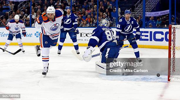 Zack Kassian of the Edmonton Oilers celebrates his goal against Andrei Vasilevskiy of the Tampa Bay Lightning at the Amalie Arena on January 19, 2016...