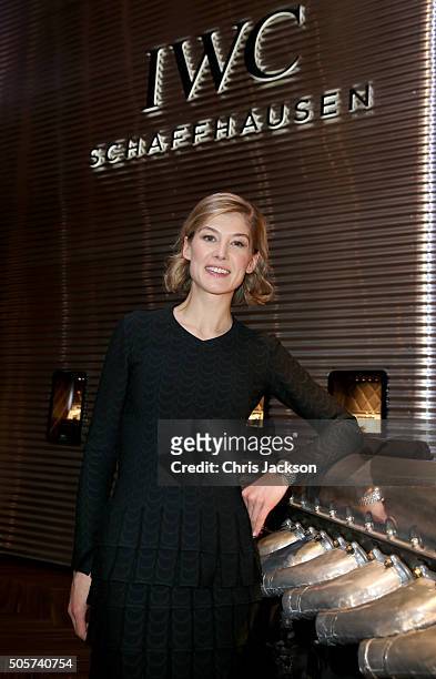 Rosamund Pike visits the IWC booth during the launch of the Pilot's Watches Novelties from the Swiss luxury watch manufacturer IWC Schaffhausen at...