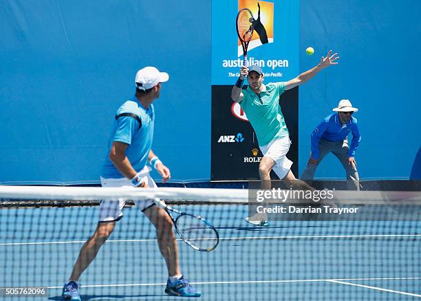 Jonathan Erlich of Israel and Colin Fleming of Great Britain compete in their first round match against Robin Haase of the Netherlands and Fernando...