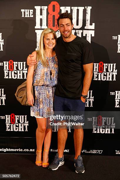 Art Green and Matilda Rice pose as they arrive ahead of the New Zealand premiere of The Hateful Eight at on January 20, 2016 in Auckland, New Zealand.