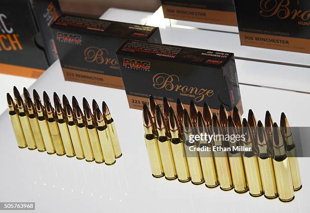 Ammunition is displayed at the PMC Ammunition booth at the 2016 National Shooting Sports Foundation's Shooting, Hunting, Outdoor Trade Show at the...