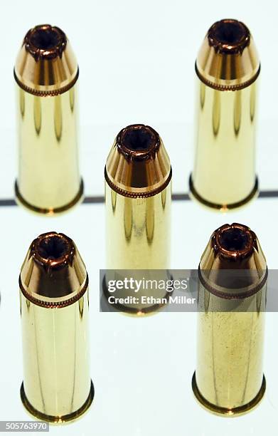 Ammunition is displayed at the PMC Ammunition booth at the 2016 National Shooting Sports Foundation's Shooting, Hunting, Outdoor Trade Show at the...