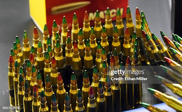 Ammunition is displayed at the Magtech Ammunition booth at the 2016 National Shooting Sports Foundation's Shooting, Hunting, Outdoor Trade Show at...