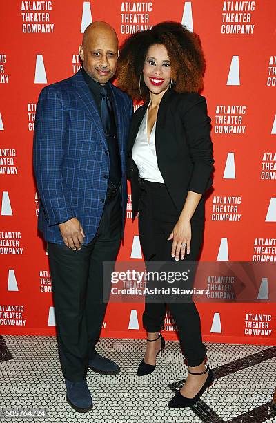 Director Ruben Santiago-Hudson and playwright Dominique Morisseau attend "Skeleton Crew" Opening Night Curtain Call & After Party at Jake's Saloon on...