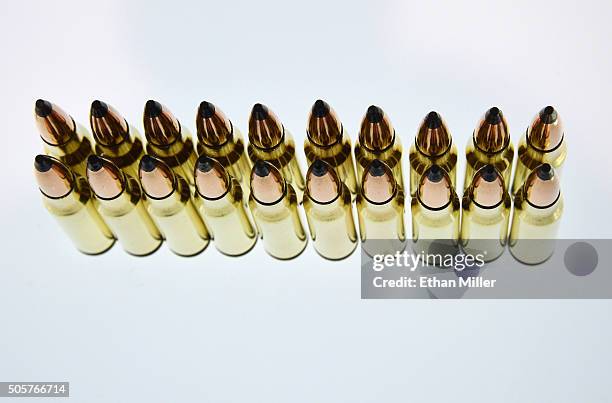 Ammunition is displayed at the PMC Ammunition booth at the 2016 National Shooting Sports Foundation's Shooting, Hunting, Outdoor Trade Show at the...