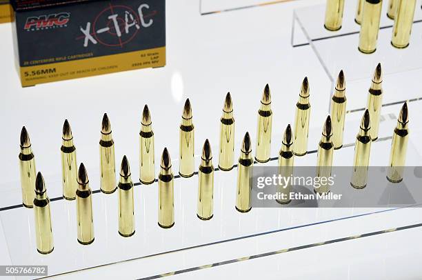 Ammunition is displayed at the PMC Ammunition booth at the 2016 National Shooting Sports Foundation's Shooting, Hunting, Outdoor Trade Show at the...