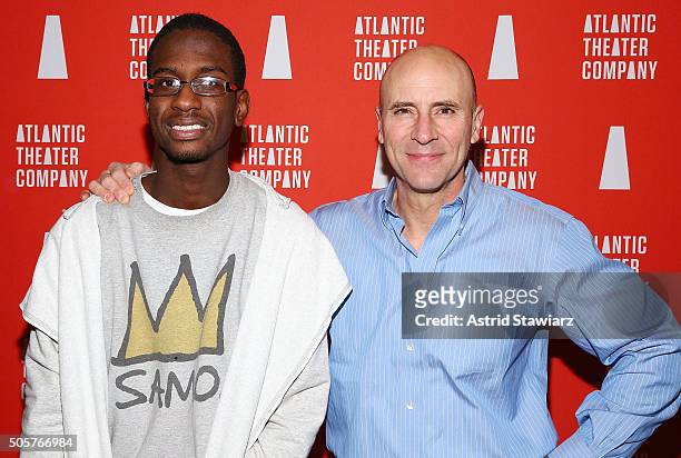 Kelechi Stuart and Jordan Lage attend "Skeleton Crew" Opening Night Curtain Call & After Party at Jake's Saloon on January 19, 2016 in New York City.