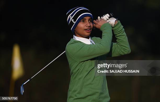 To go with 'India-golf-junior' by Abhaya SRIVASTAVA India's No. 1 junior golfer and junior world golf championship winner Shubham Jaglan practices at...