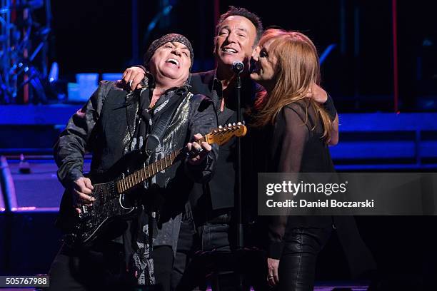 Steven Van Zandt, Bruce Springsteen and Patti Scialfa of Bruce Springsteen And The E Street Band perform during The River 2016 tour at United Center...