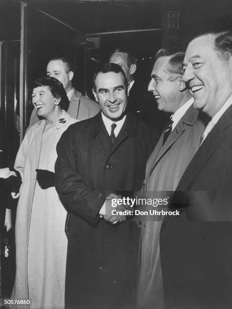 Politician Harrison A. Williams Jr. And Governor Robert B. Meyner posing together on election night.