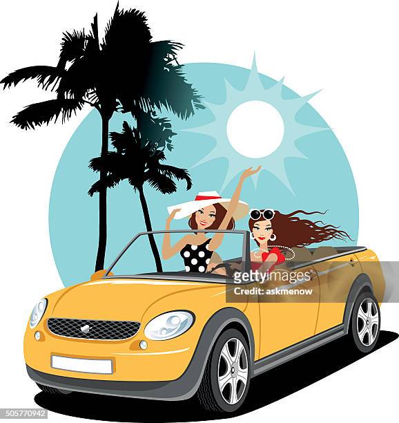 illustrations, cliparts, dessins animés et icônes de deux filles dans une voiture en vacances - couple conduire voiture