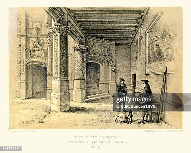 medieval architecture - staircase enterance chateau de blois - old castle entrance stock illustrations