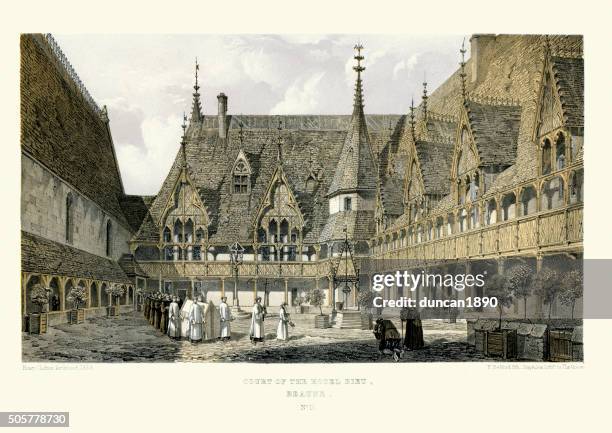 medieval architecture - court of the hospices de beaune - beaune france stock illustrations