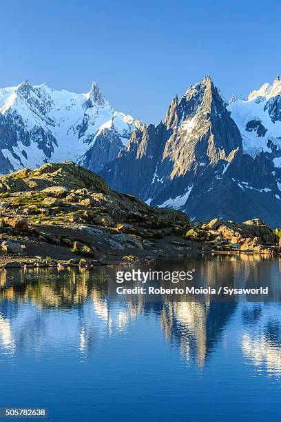 mont blanc and dent du geant are reflected in lac blanc france - mont everest stock pictures, royalty-free photos & images