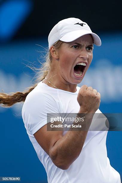 Yulia Putintseva of Kazakhstan celebrates winning a point in her second round match against Xinyun Han of China during day three of the 2016...