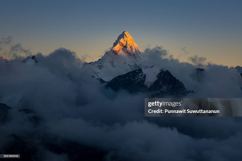 Sunset at Ama Dablam mountain peak