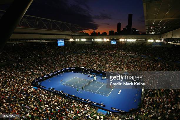 General view is seen over Rod Laver Arena as Quentin Halys of France serves in his second round match against Novak Djokovic of Serbia during day...