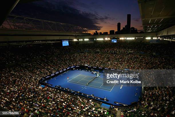 General view is seen over Rod Laver Arena as Novak Djokovic of Serbia serves in his second round match against Quentin Halys of France during day...