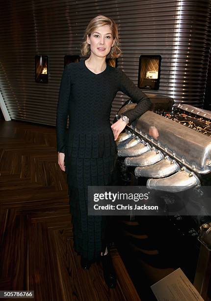 Rosamund Pike visits the IWC booth during the launch of the Pilot's Watches Novelties from the Swiss luxury watch manufacturer IWC Schaffhausen at...