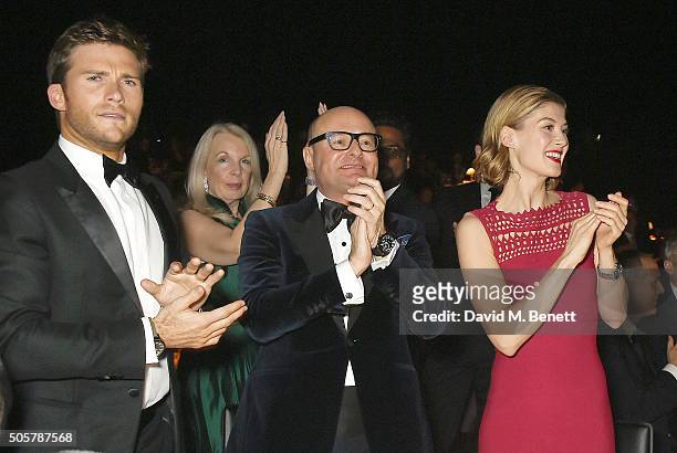 Scott Eastwood, IWC Schaffhausen CEO Georges Kern and Rosamund Pike attend the IWC "Come Fly with us" Gala Dinner during the launch of the Pilot's...