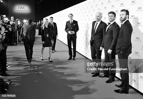 Image has been converted to black and white Marc Forster, Scott Eastwood, Chris Evans attend the IWC "Come Fly With Us" Gala Dinner during the launch...
