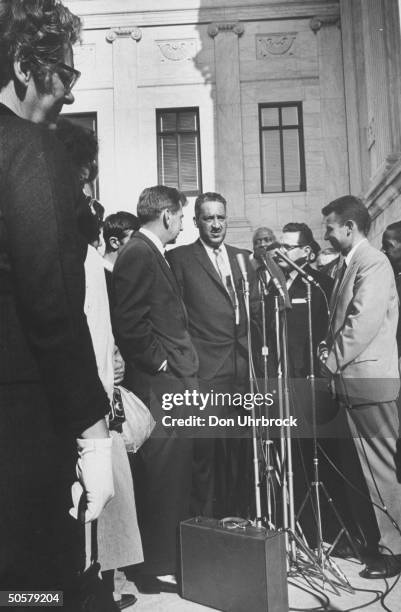 Thurgoad Marshall speaks about the Little Rock desegregation case, probably outside the Supreme Court, Washington, DC, September 1958.