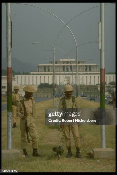 Soldiers on duty as streets around Parliament remain blocked off due to vote on no-confidence motion in Bhutto govt.
