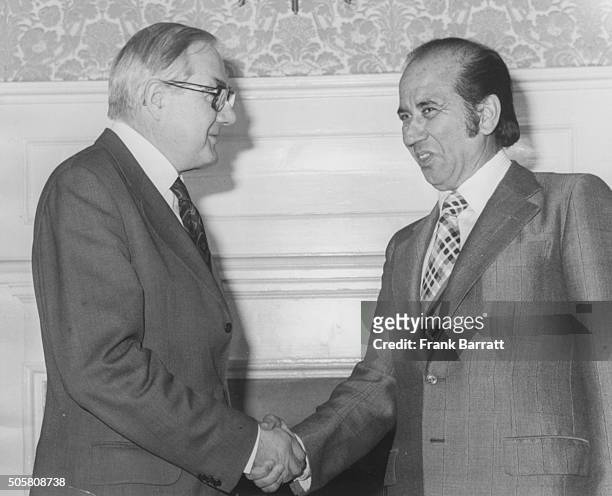 British Prime Minister James Callaghan shaking hands with President Carlos Andres Perez of Venezuela at 10 Downing Street, London, November 22nd 1976.