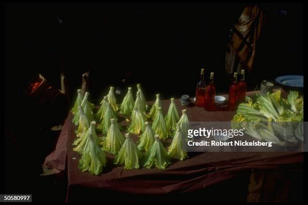 Food, including heads of romaine - type lettuce arrayed attractively w. Bottles of red fluid, prob. Vinegar, prob. At market - no caps, in war torn...