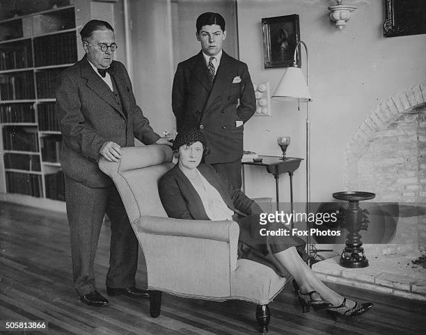 Portrait of actor Sir Nigel Playfair with his wife Lady Playfair and their eldest son Giles, at their home in Chiswick, London, circa 1928.