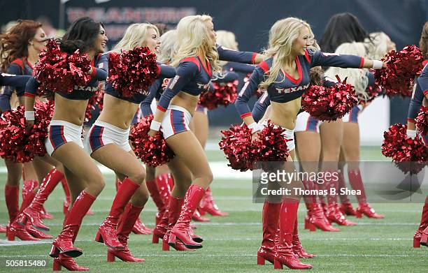 Members of the Houston Texans cheerleaders performs during the first half of the AFC Wild Card Playoff game against the Kansas City Chiefs at NRG...