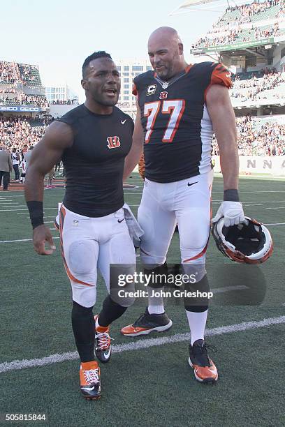 Andrew Whitworth and Giovani Bernard of the Cincinnati Bengals celebrate a victory after their game against the Seattle Seahawks at Paul Brown...