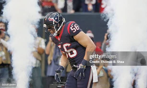 Brian Cushing of the Houston Texans is introduced before playing against the Kansas City Chiefs during the AFC Wild Card Playoff game at NRG Stadium...