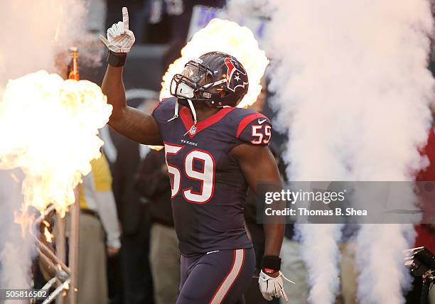 Whitney Mercilus of the Houston Texans is introduced before playing against the Kansas City Chiefs during the AFC Wild Card Playoff game at NRG...