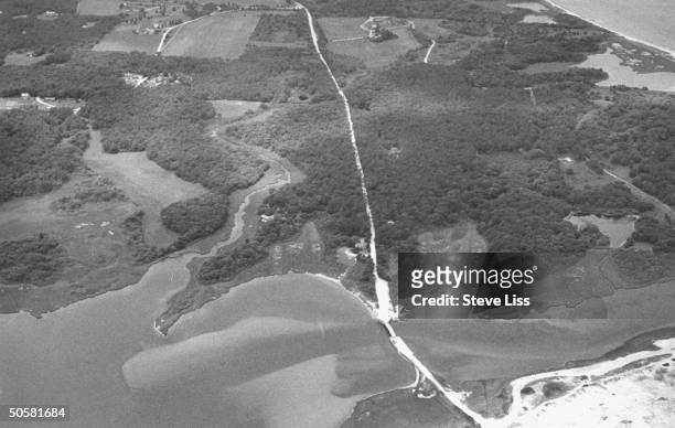 Aerial view of the Dike Bridge and surrounding land; Mary Jo Kopechne drowned in the car that Sen. Ted Kennedy drove over the side of this bridge in...