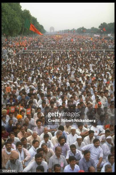 Huge crowd attending Bharatiya Janata Party anti-Pakistan, pro-India rally replete w. Hindu nationalist BJP flag.