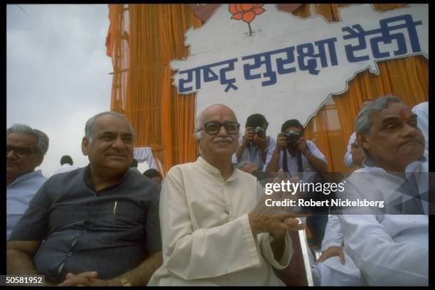 Bharatiya Janata Party ldrs. Incl. L.K. Advani during Hindu nationalist BJP anti-Pakistan, pro-India rally.