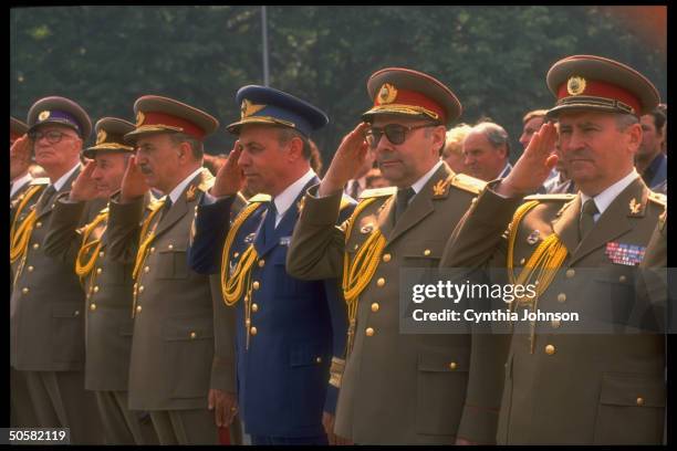 Saluting Romanian mil. Brass in Plaza Victoria during wreath laying in commemoration of V-E Day .