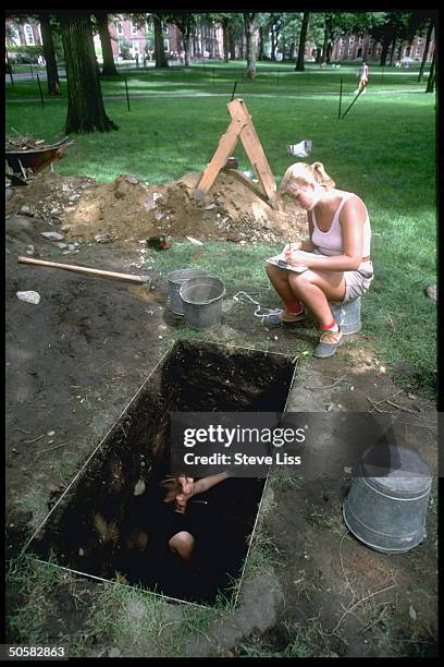 Dig Disperate Archaeology students working at dig site in Harvard Yard, at Harvard ...